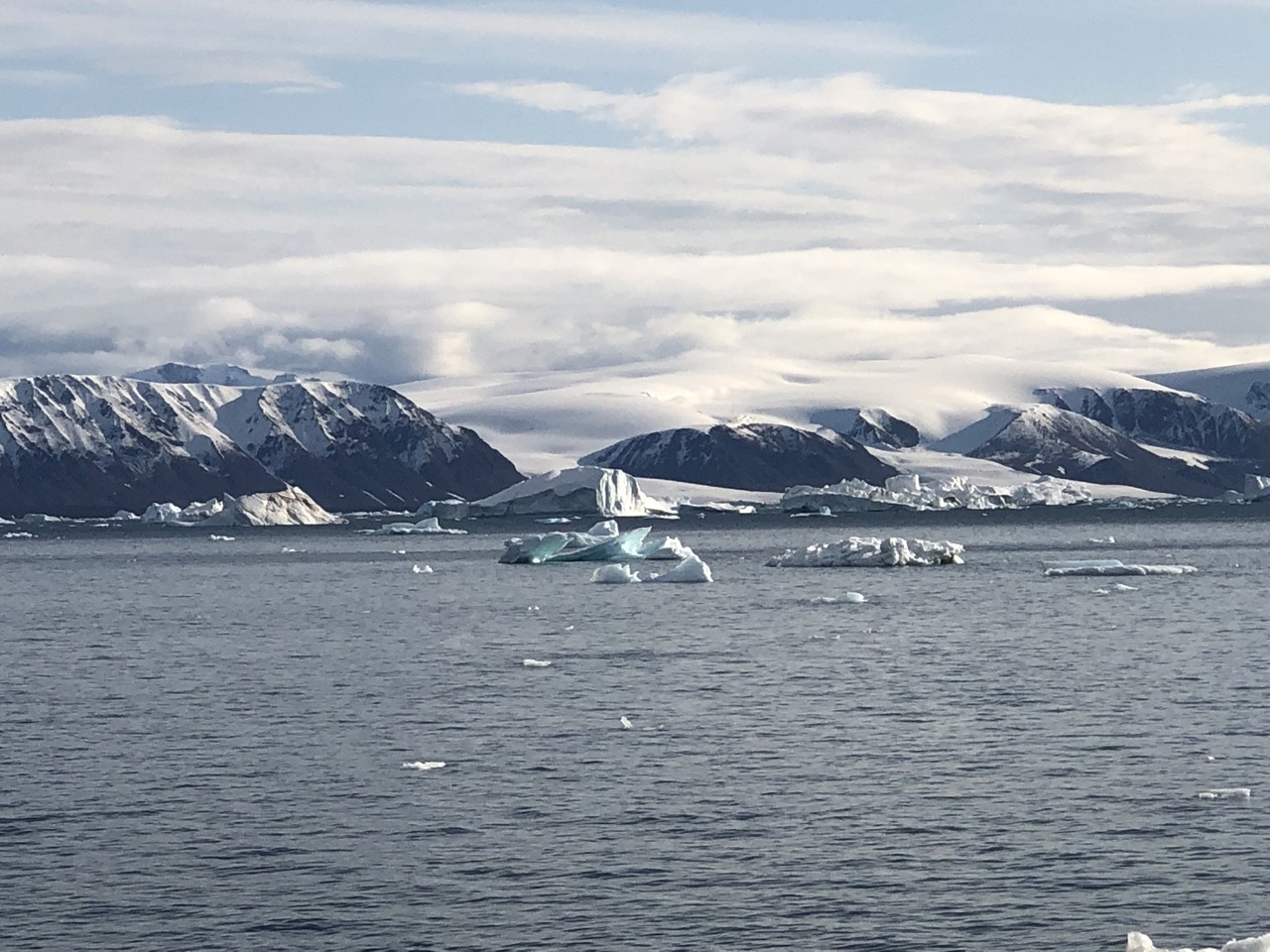 A photo of the ocean with icebergs and mountains in the background